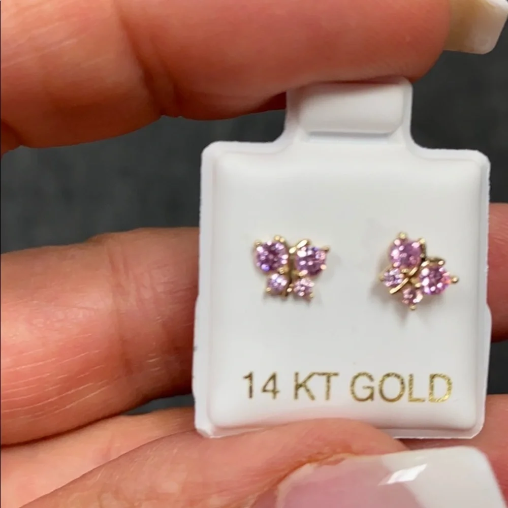 New 14k solid yellow Gold Butterfly Pink CZ Earrings